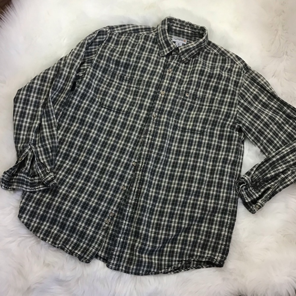 CARHARTT Navy Flannel Long Sleeve Shirt Plaid Button Down Collar Size XL Tall